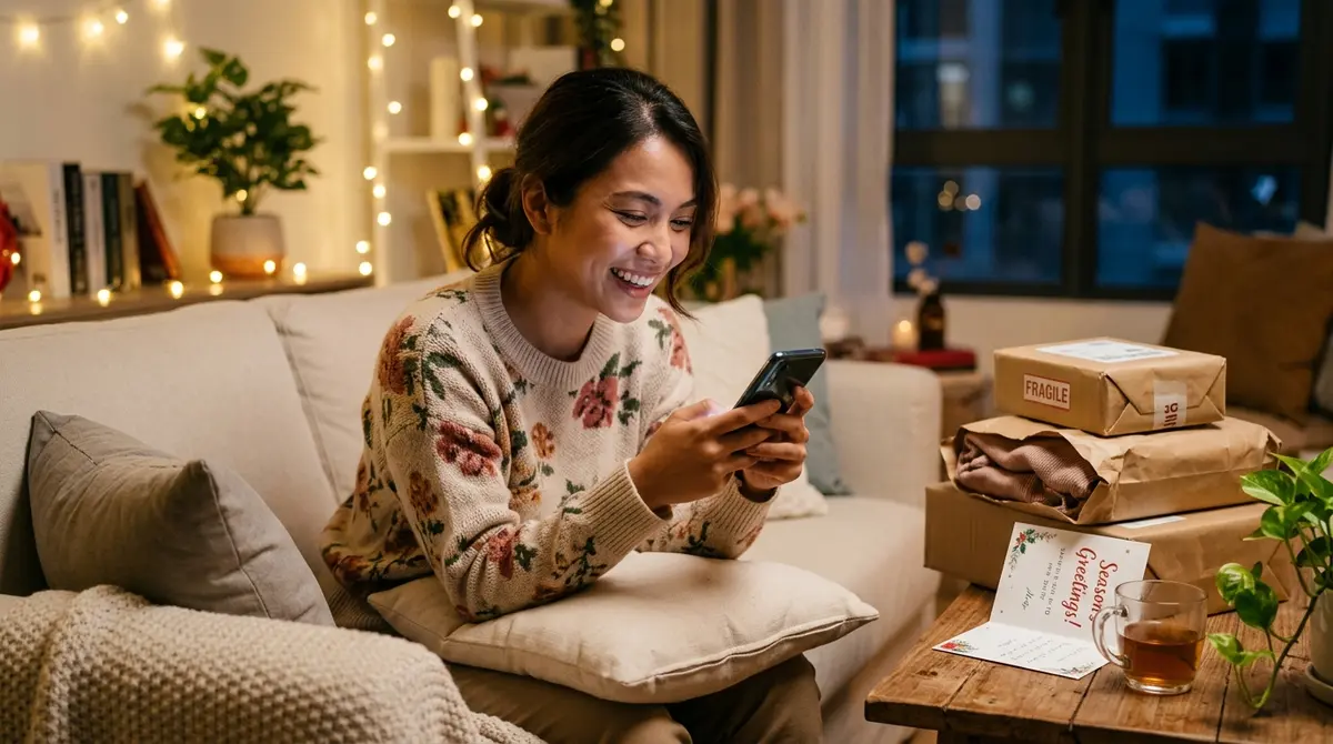 A shopper browsing an online mega-sale on her phone at home with delivery parcels beside her — the November 11.11 buying burst Malaysian retailers prepare for.