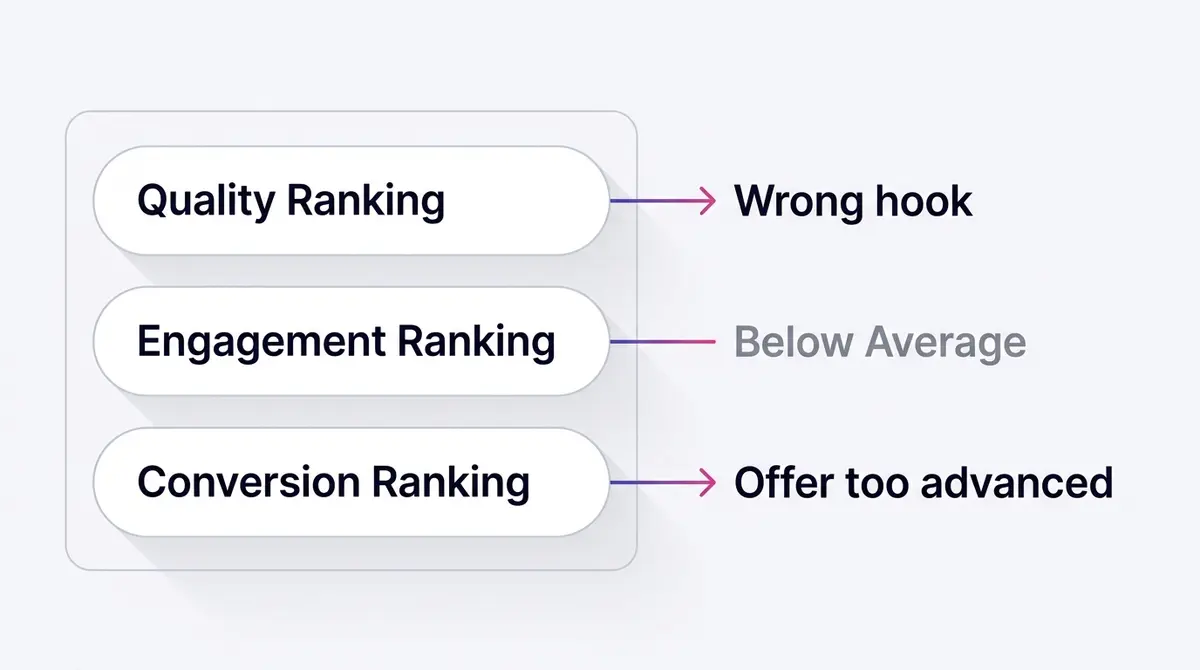 A simplified Meta ad diagnostics panel showing three ranking rows, with arrows pointing from low engagement to wrong hook and from low conversion ranking to offer too advanced for the traffic.