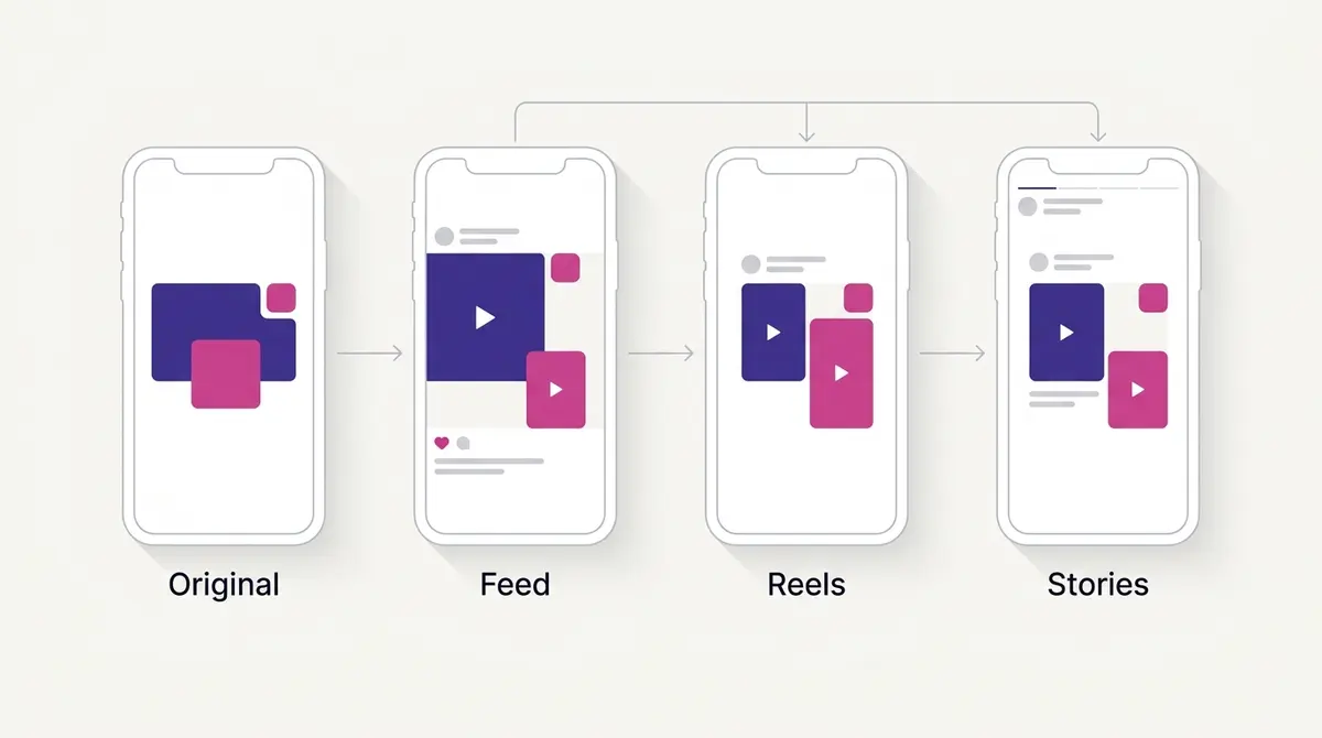 A clean diagram of the Ads Manager preview carousel showing the original asset beside three enhanced variations across Feed, Reels, and Stories placements