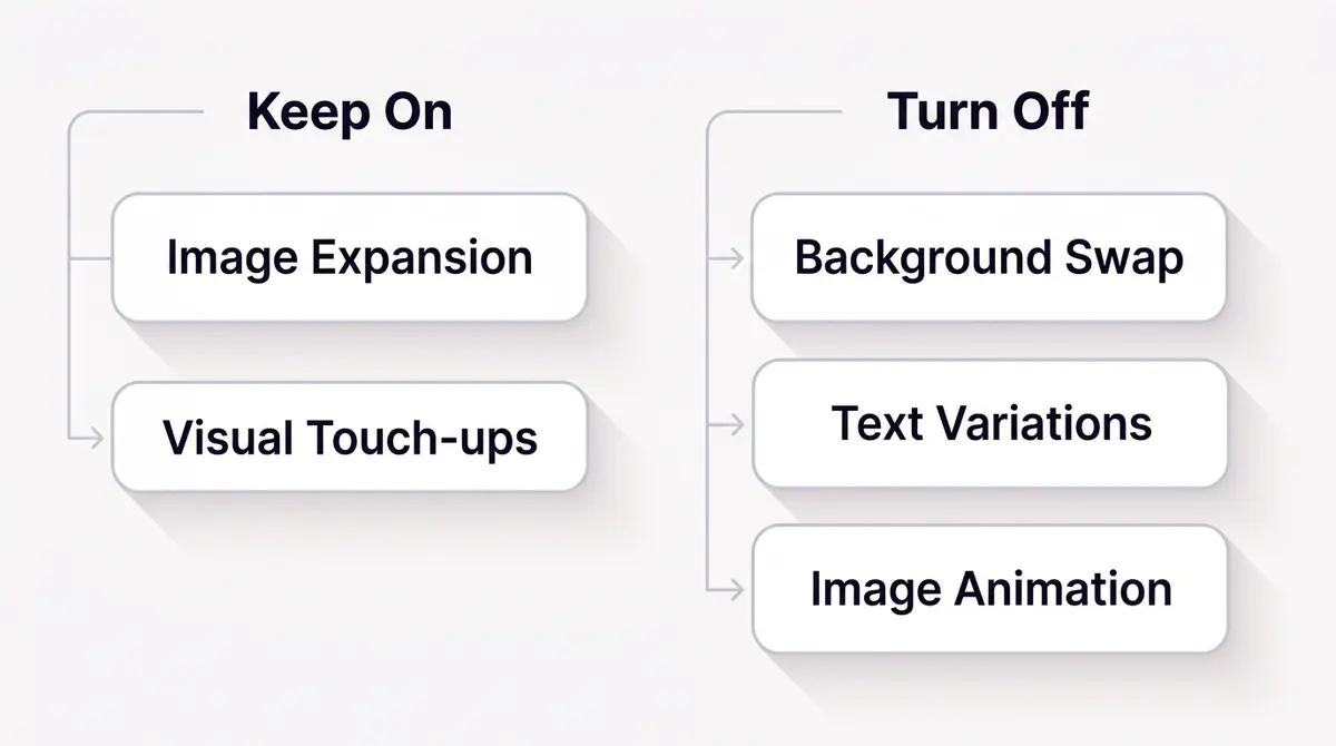 A clean SaaS-style diagram showing the five Advantage+ Creative enhancement toggles split into a safe-to-keep column and a brand-risk column
