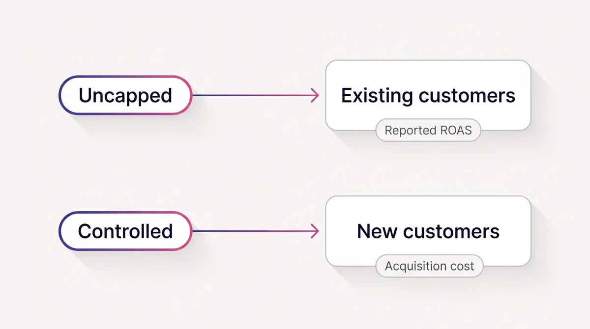 Diagram contrasting two outcomes of an Advantage plus sales campaign: on the left an uncapped flow where most budget pours toward existing customers and reported ROAS looks high while new customers stay low, on the right a controlled flow using audience exclusions where budget reaches new customers and acquisition cost is tracked