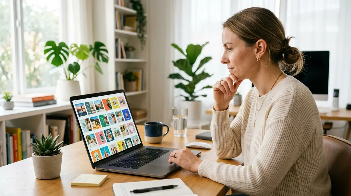 A marketer reviewing a grid of AI-generated ad variations on a laptop and choosing between them — AI drafts fast, but the judgment stays human.