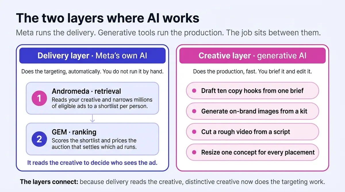 Diagram contrasting the two layers where AI works on a Facebook ad: a left indigo lane for Meta's delivery AI with Andromeda retrieval narrowing eligible ads then GEM ranking pricing the auction, and a right pink lane for generative AI drafting copy, generating on-brand images, cutting video, and resizing across placements.