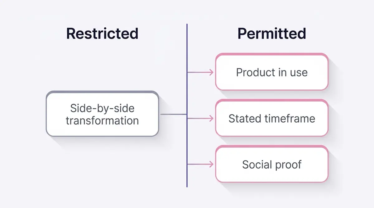 Two-column compliance map separating restricted before and after moves from permitted ones, with the permitted column highlighting product-in-use, a stated timeframe, and social proof