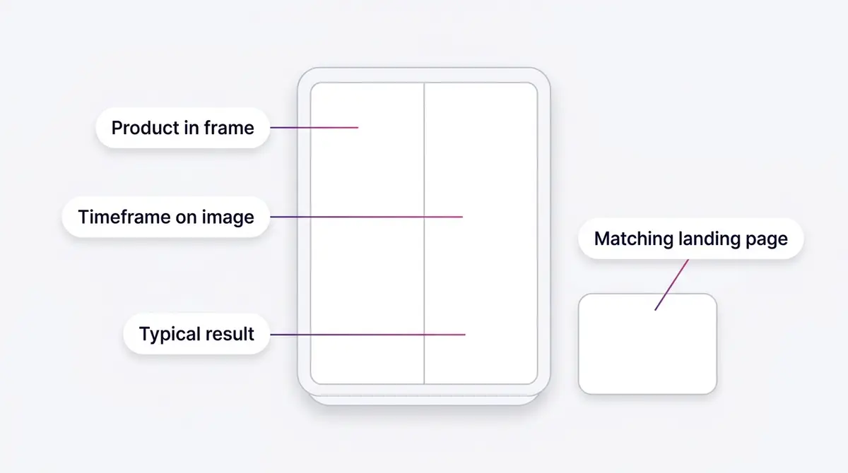 Vertical creative anatomy diagram of a compliant split-frame showing the product kept in frame, an on-image timeframe label, a typical-result note, and a matching landing page