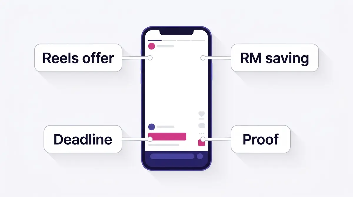 Diagram of a vertical Reels offer creative annotated with RM saving on the first frame, proof in the middle, and a deadline call to action