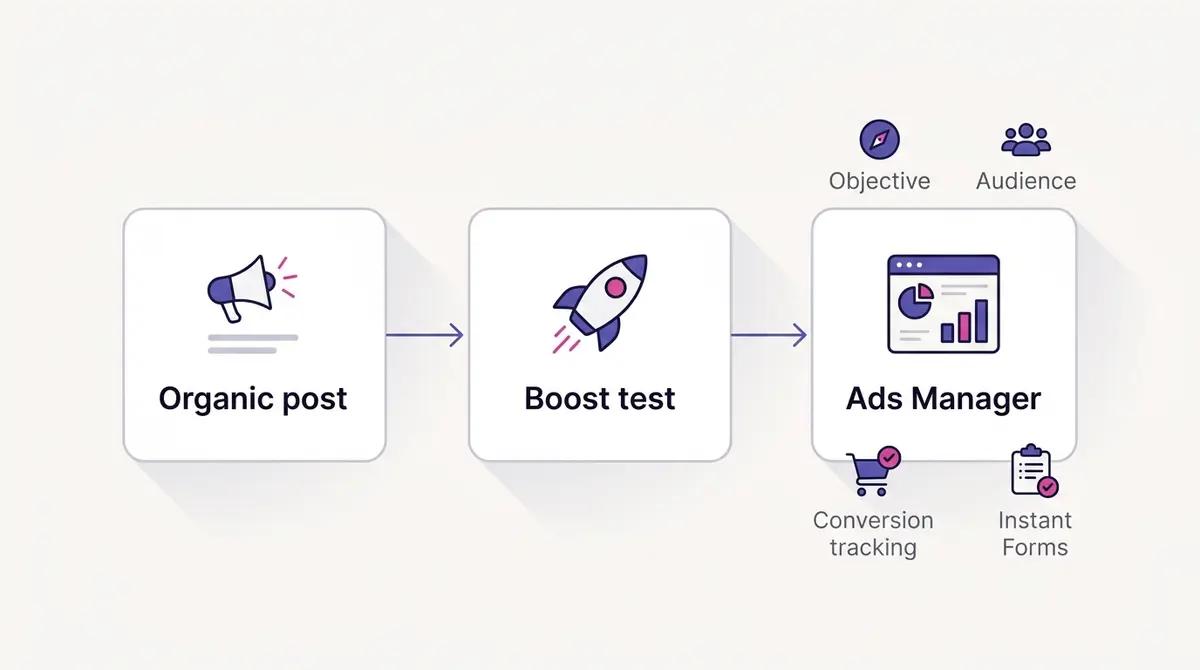A clean vector flow diagram showing an organic post moving through a boost test into an Ads Manager campaign with objective, audience, and tracking stages.