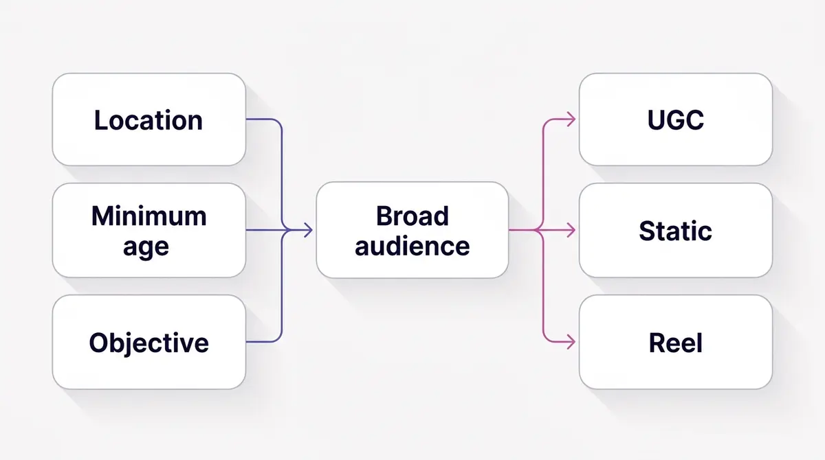 Diagram of a broad campaign setup showing location and age as hard fences, an objective, and a fan of diverse creative concepts feeding the audience