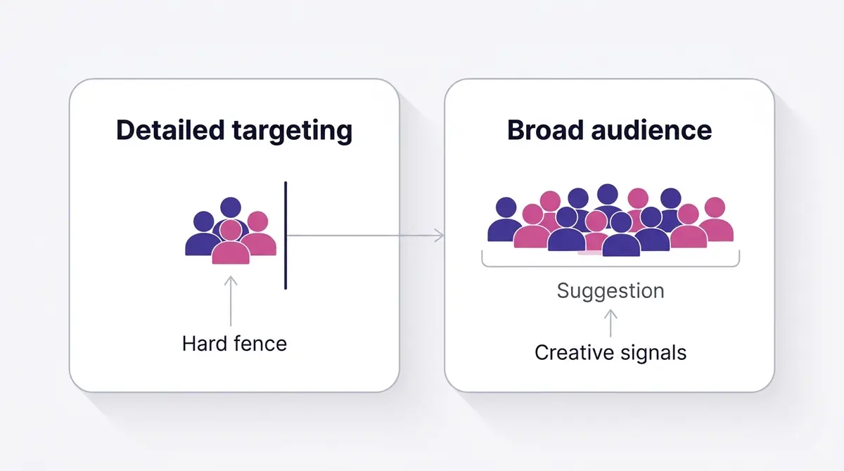 Diagram contrasting a rigid interest filter funnel against a broad audience where an AI retrieval engine matches creative signals to people