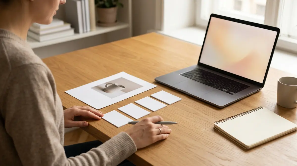 A marketer at a laptop deciding between one product photo and a set of matched product cards laid out on the desk