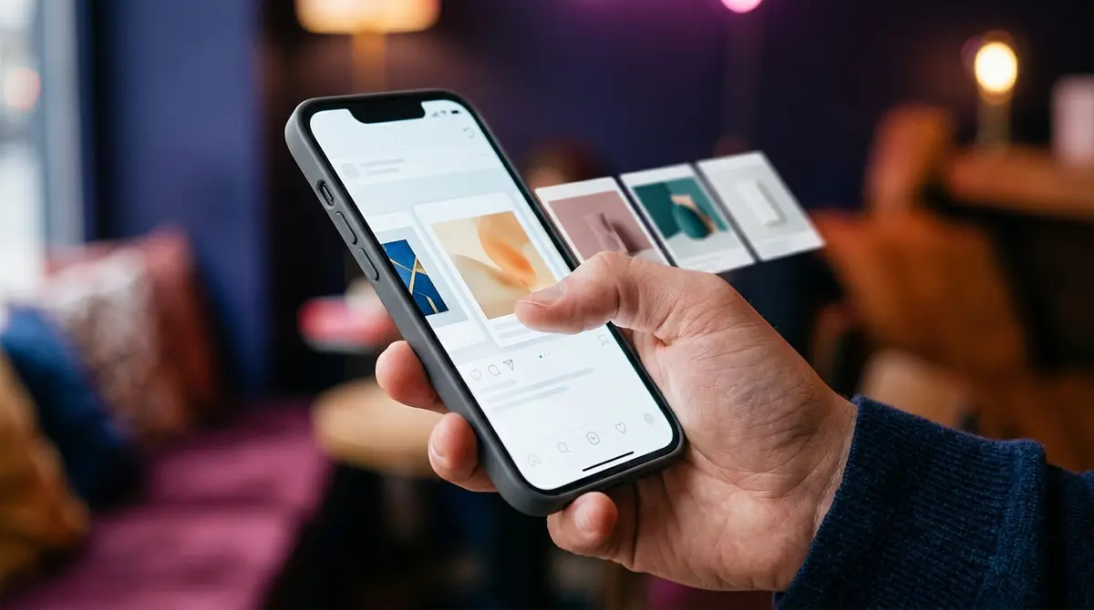 A thumb mid-swipe across a phone showing a sequence of product cards on a social feed