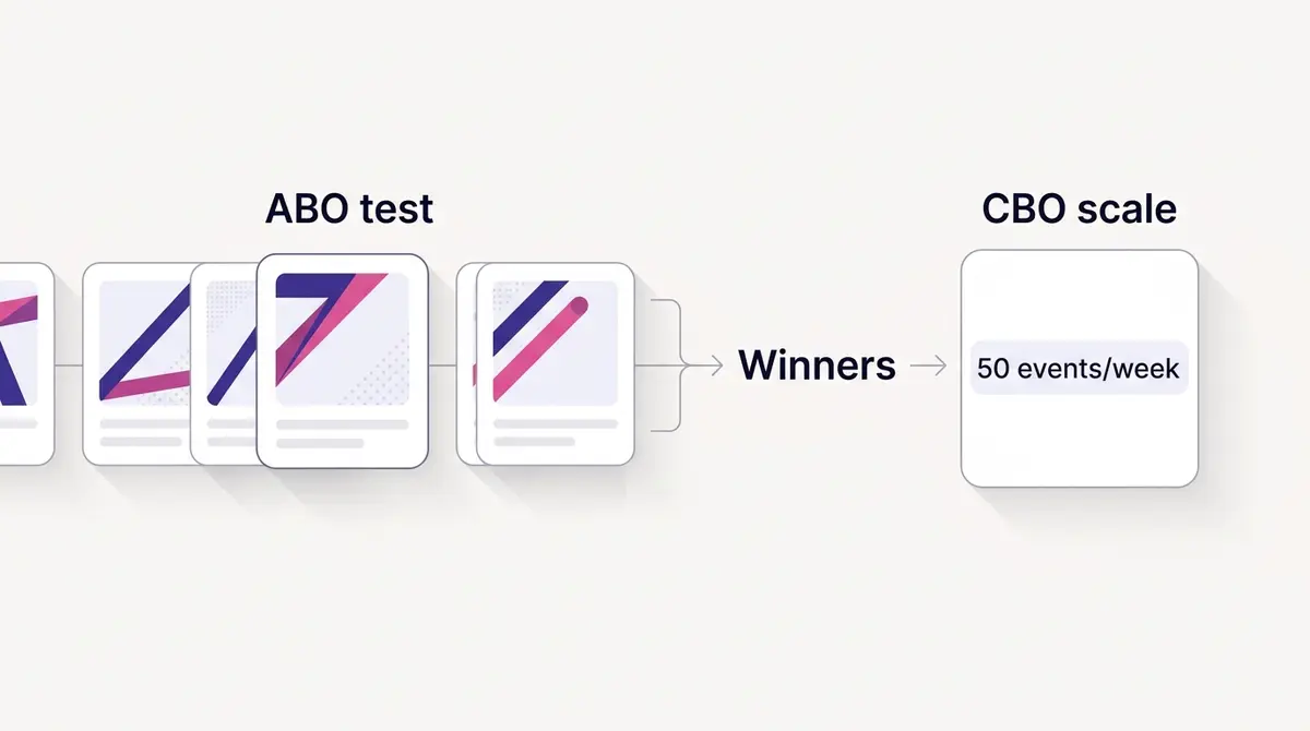 Diagram showing a test-then-scale flow from multiple ABO test ad sets to a consolidated CBO scale campaign