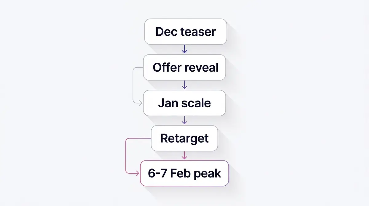 A vertical timeline showing the CNY 2027 Meta ad workflow from early December teaser through January scaling to the 6-7 February peak