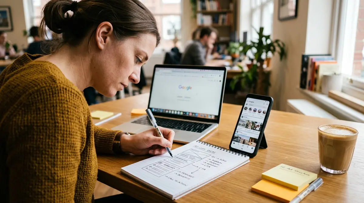 A marketer at a laptop sketching ad copy structures on a notepad beside a phone showing a social feed