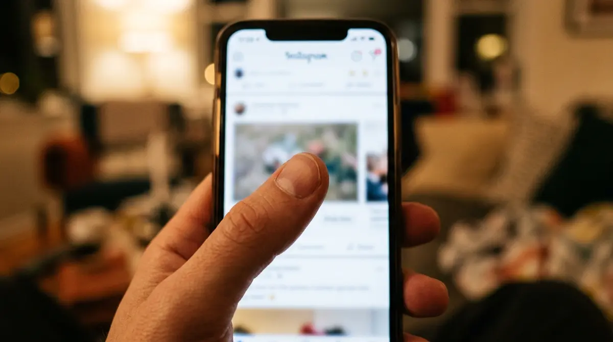 A thumb pausing mid-scroll over a phone screen showing a social media feed in close-up