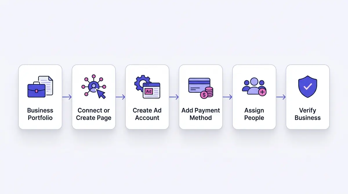 A horizontal flow diagram showing the six ordered steps of Facebook ad account setup from business portfolio through business verification, rendered as connected rounded white cards on a light background.