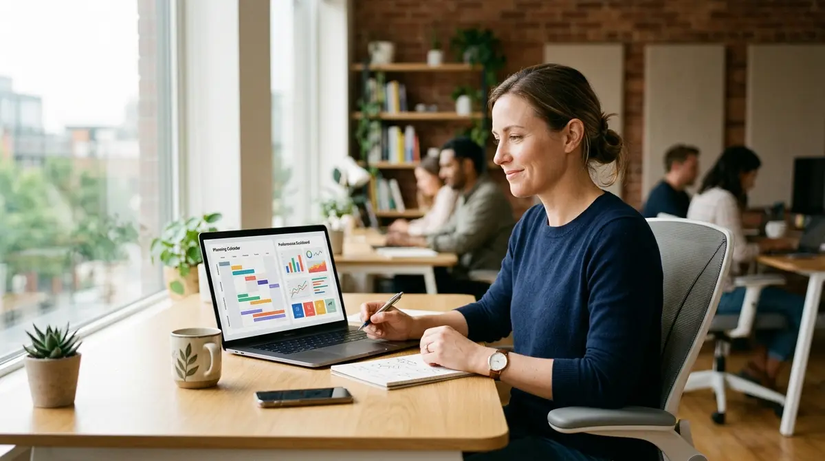 A marketer at a laptop reviewing a calendar of upcoming ad concepts beside a dashboard of performance trends, calm and planned rather than rushed, soft window light