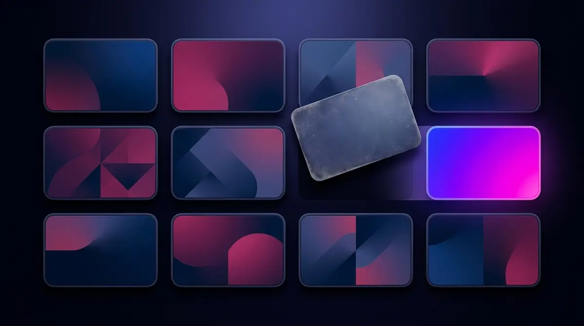 A grid of ad creatives where one tile is being swapped out and a fresh tile slides in beside the others that stay in place, clean conceptual flat-lay on the brand gradient, no interface text