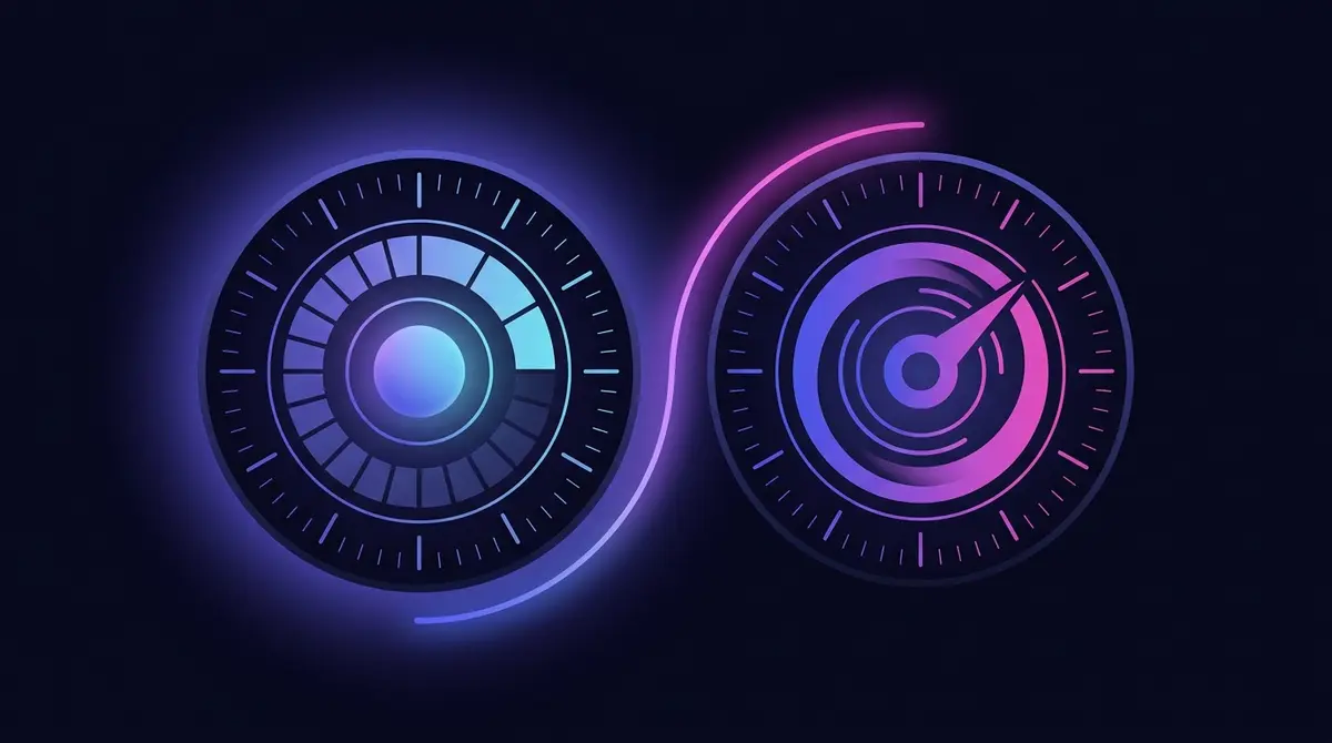 A clean two-clock conceptual illustration showing two side-by-side dials, one labelled as the build cadence and one as the launch trigger, set on the brand gradient, calm editorial style