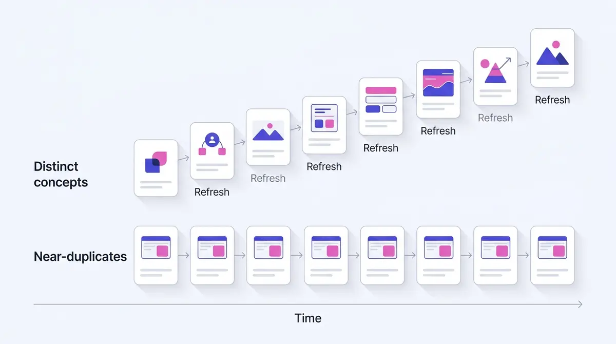Diagram contrasting a creative refresh cadence of distinct concepts entering the system over time against a flat line of repeated near-duplicate variants