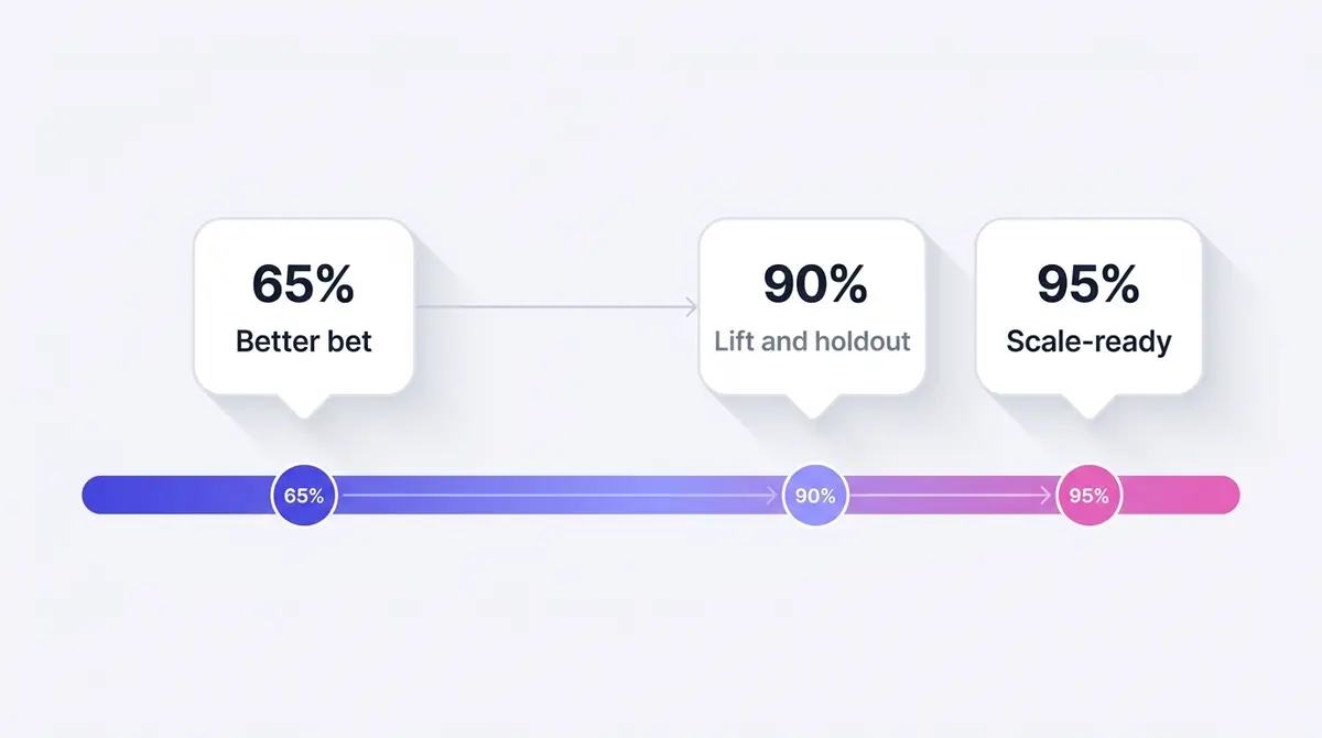 Diagram of a confidence scale showing Meta's 65 percent A/B winner bar as a better bet, the 90 percent lift and holdout bar, and the 95 percent statistical significance standard, with a note to gather more evidence before scaling.