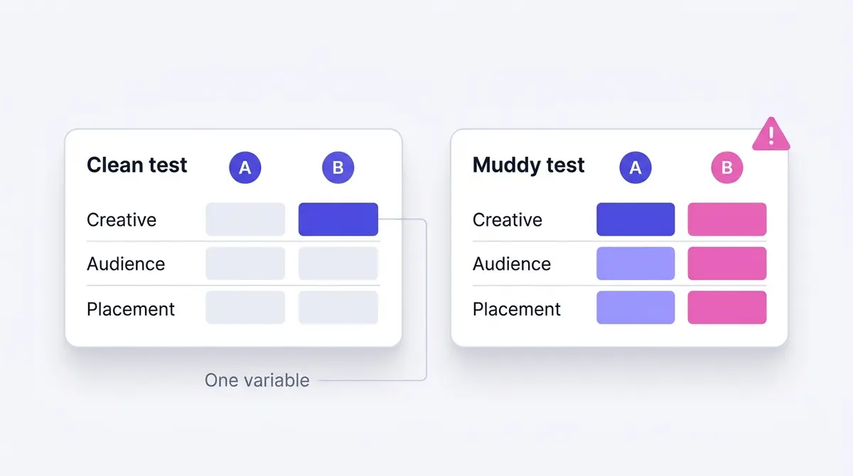 Diagram contrasting a clean single-variable Facebook A/B test where only the creative changes against a muddy test where creative, audience and headline all change at once.