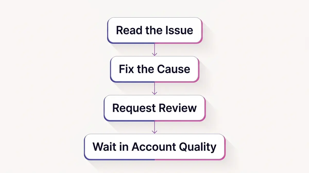 A clean vertical four-step diagram of the request review flow, with rounded white cards reading Read the Issue, Fix the Cause, Request Review and Wait in Account Quality, connected by downward arrows on a light background.