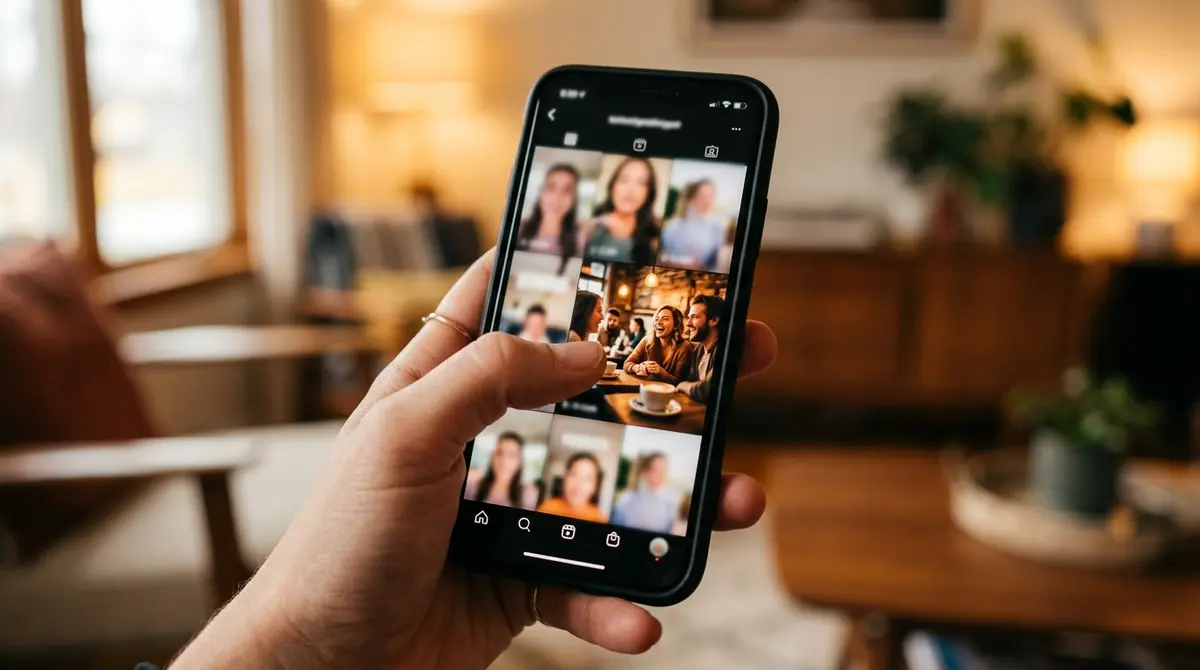 A close-up of a hand holding a phone scrolling a feed of video ads, thumb paused mid-scroll