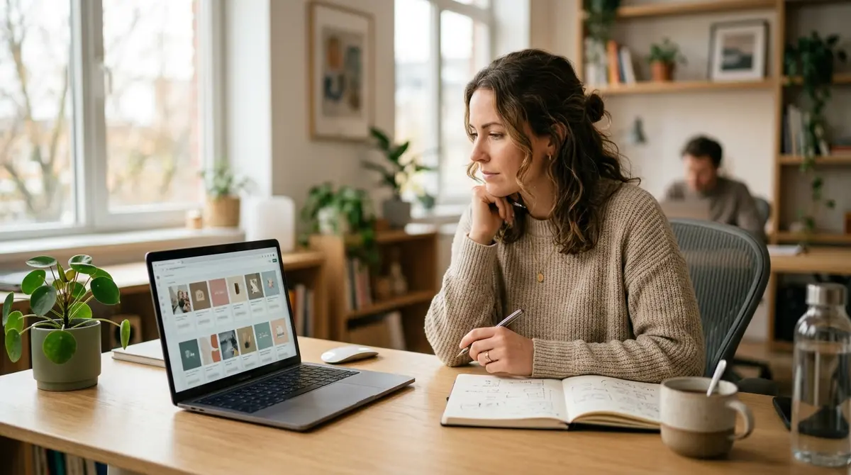 A marketer at a laptop reviewing live Facebook ads in a quiet studio, focused and unhurried