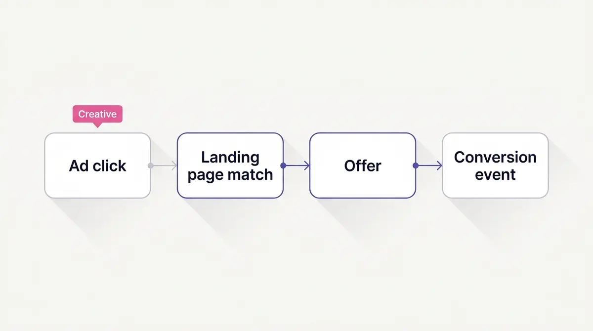Diagram showing the conversion path from ad click through landing page match, offer, and conversion event, with the three optimization levers labelled at the points where they apply