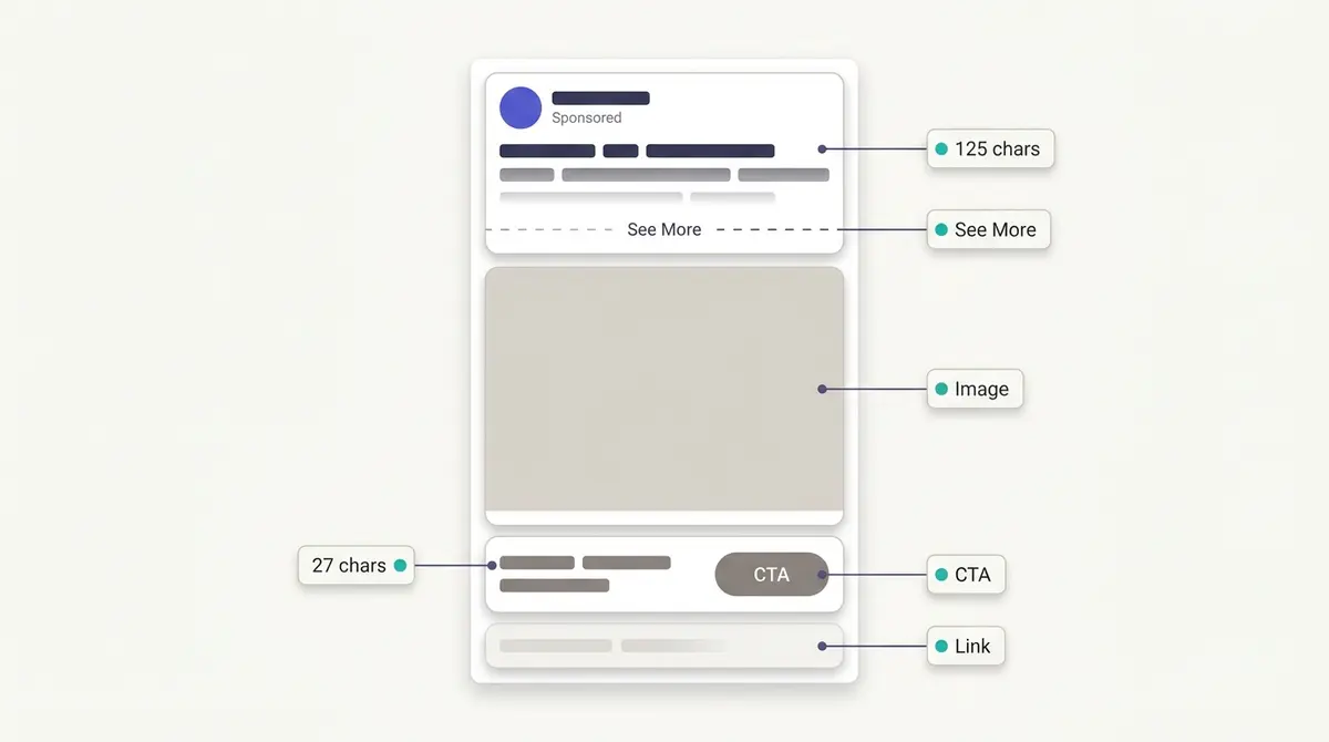 A diagram of a Facebook feed ad showing where each text field renders: the primary text window above the image with a See More cut marked at 125 characters, a 27-character headline below the image next to a call-to-action button, and the least-visible link description beneath it.