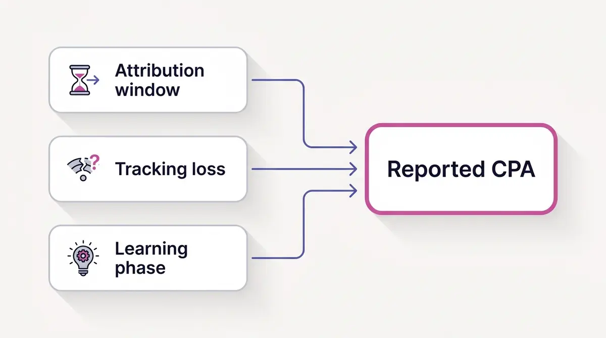 Diagram showing three factors that distort reported cost per acquisition: attribution window, tracking loss, and learning phase, each feeding into a single CPA figure