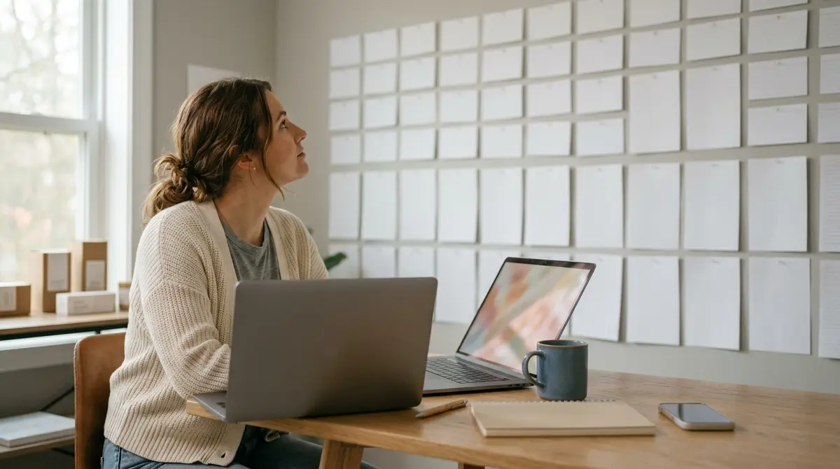 A marketer at a laptop studying a wall of pinned competitor ad screenshots, mapping each to a different underlying message