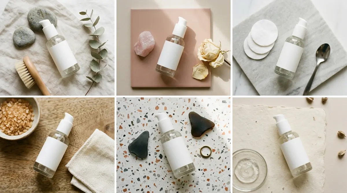 A flat-lay of one skincare product photographed six different ways, each styled to suggest a different emotional message