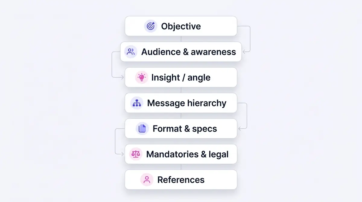 A clean vector diagram showing seven stacked cards for the fields of a Facebook ad creative brief, from objective at the top down to references at the bottom, in an indigo and pink palette.