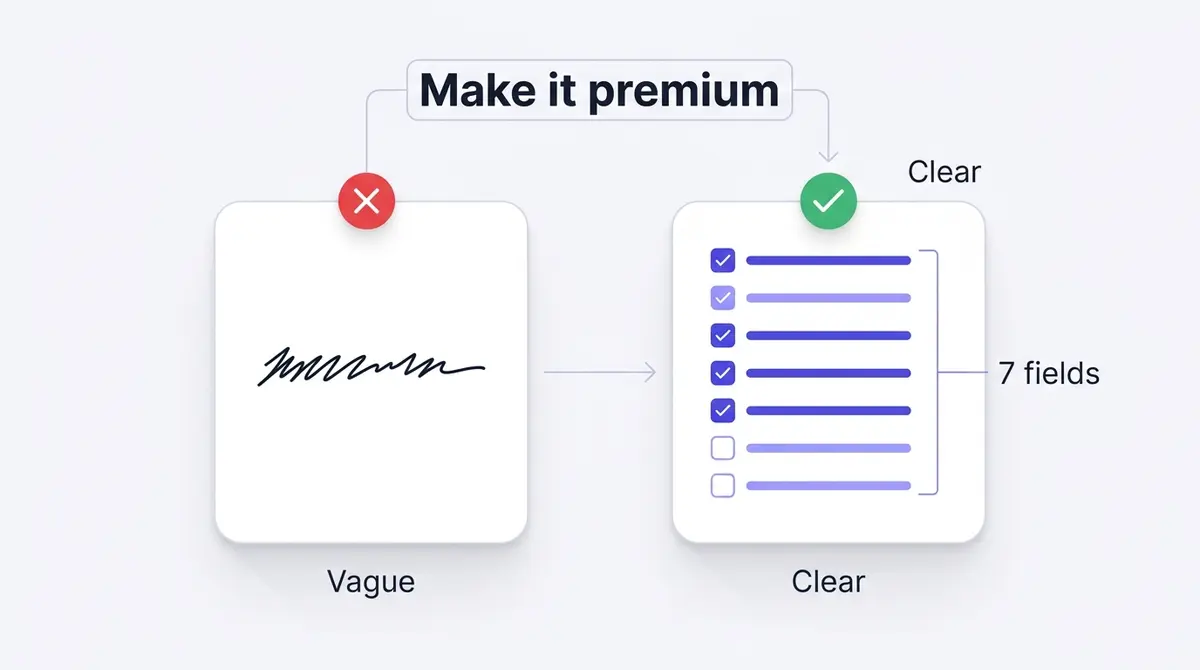 A light vector diagram contrasting a vague single-line brief on the left, marked with a red cross, against a structured seven-field brief on the right marked with a green check, in an indigo and pink palette.
