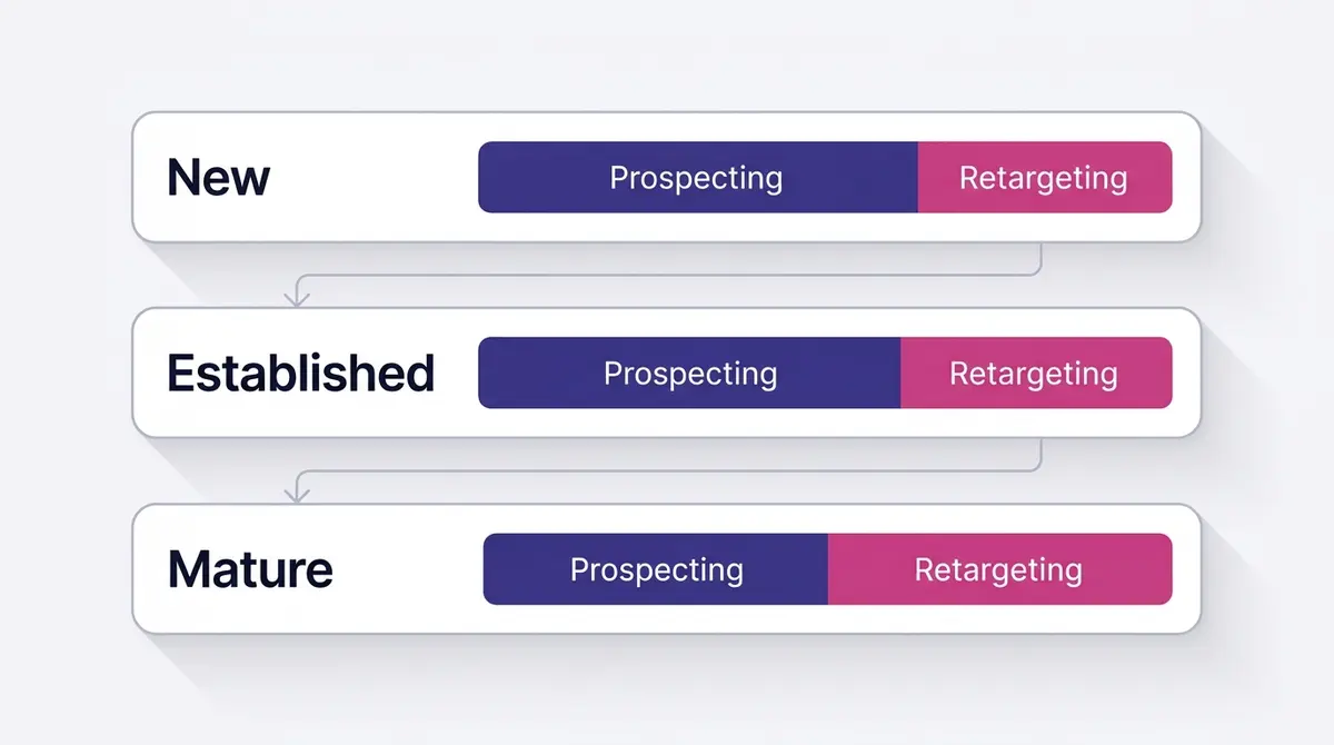 Funnel budget allocation diagram showing a tiered prospecting versus retargeting split that shifts as a brand matures from new to established to mature