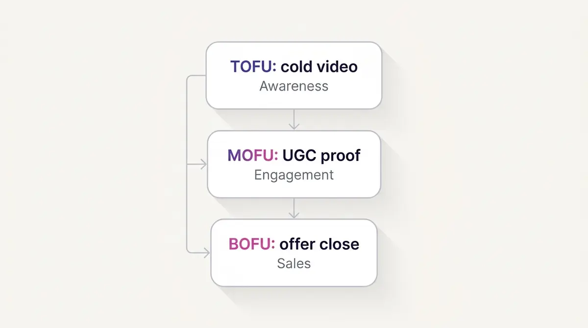 Three-stage Facebook ad funnel diagram showing TOFU cold prospecting feeding MOFU warming, feeding BOFU closing, with the creative job and objective for each stage