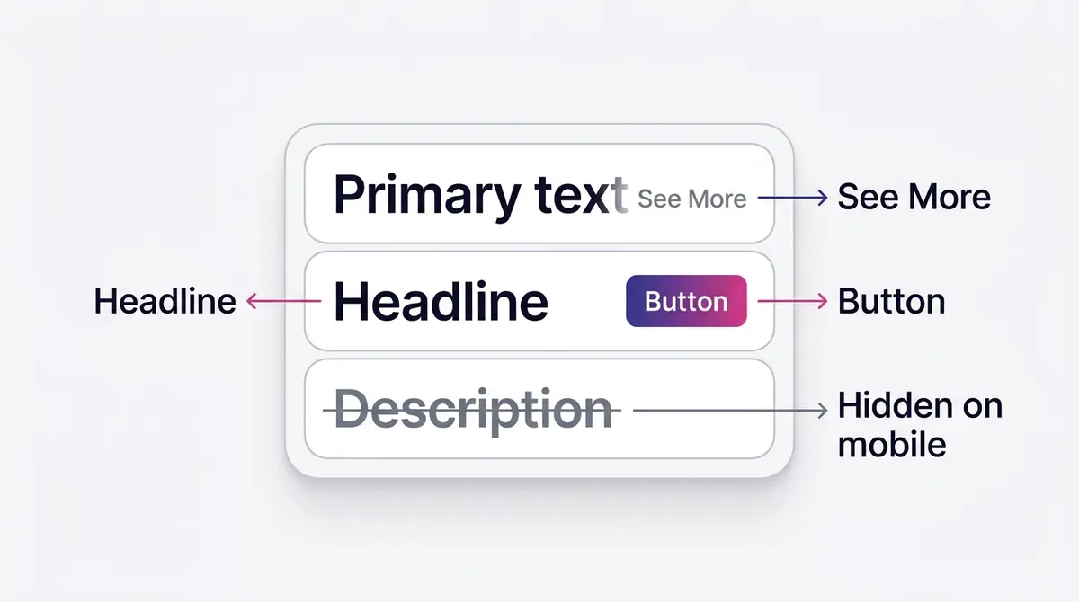 Diagram of the three Facebook ad text fields showing the headline standing alone beside the button on a mobile placement while the description is hidden