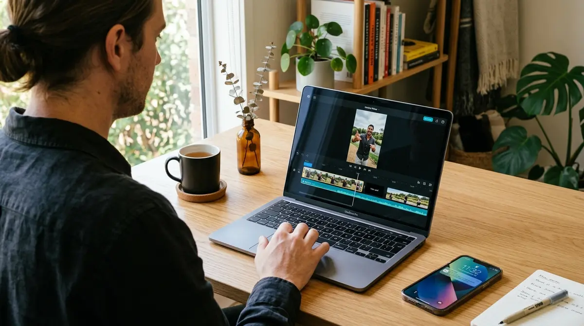 A bright open editing workspace with a vertical phone video timeline on screen, the opening seconds of a clip highlighted, warm natural light across a tidy desk.