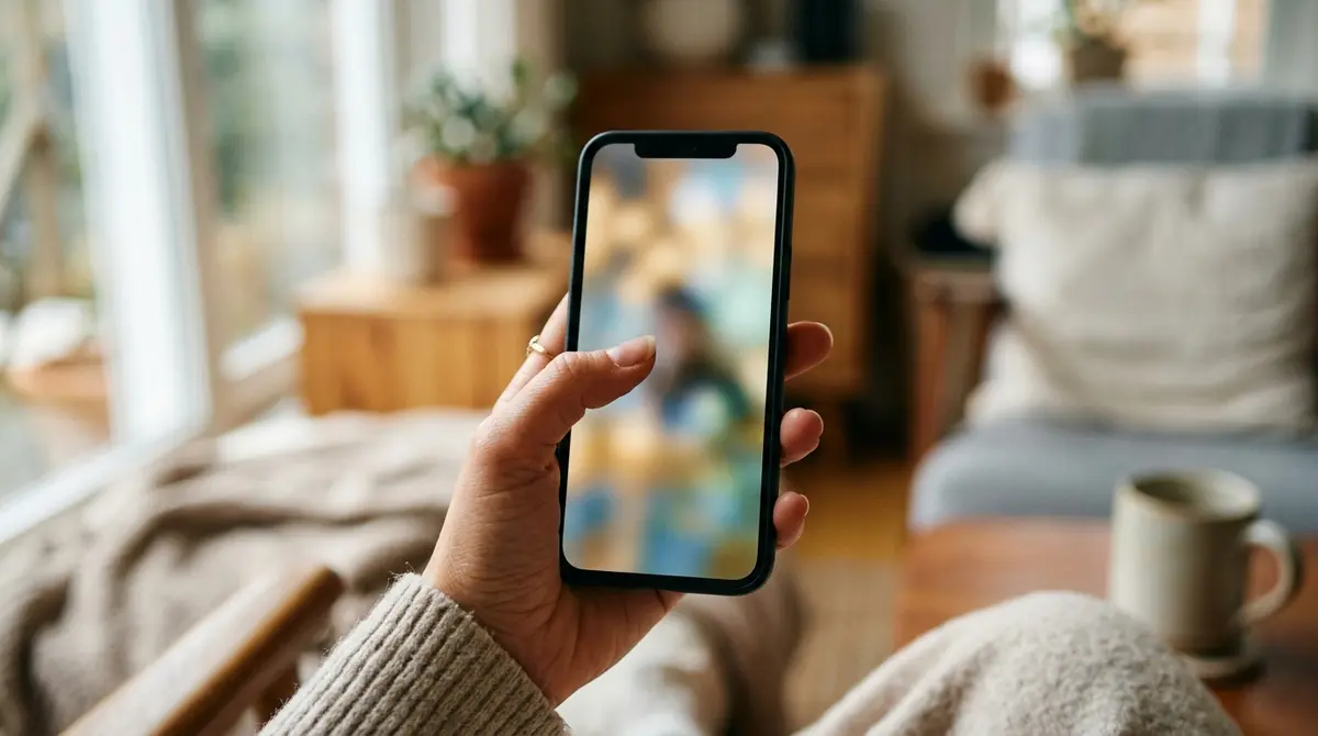 A person holding a phone vertically in soft daylight, thumb paused mid-scroll over a bright autoplaying video, the moment attention is won or lost.