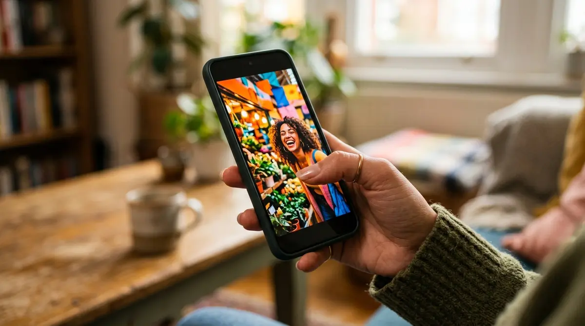 A thumb pauses mid-scroll over a phone as a bold video first frame stops the feed — the split second a hook has to win.