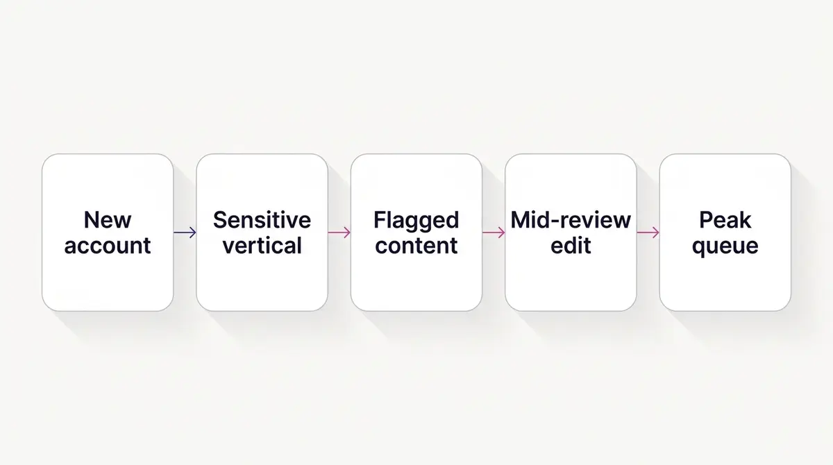A grid of factors that slow Facebook ad review, including new account, sensitive vertical, flagged content and mid-review edits, each shown as a labelled card.