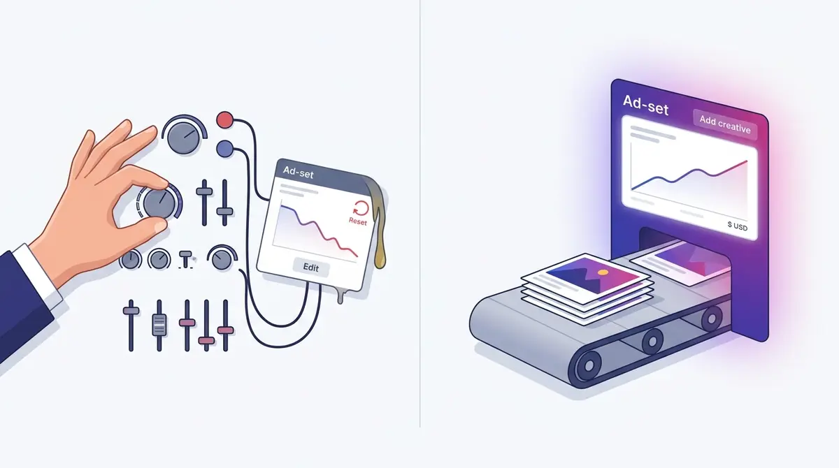Editorial illustration contrasting two advertiser habits: on the left a hand endlessly tweaking dials and sliders on a wilting ad set that keeps resetting, on the right a steady conveyor adding fresh creative cards into a thriving, stable ad set, with the right side glowing in indigo-to-magenta gradient.