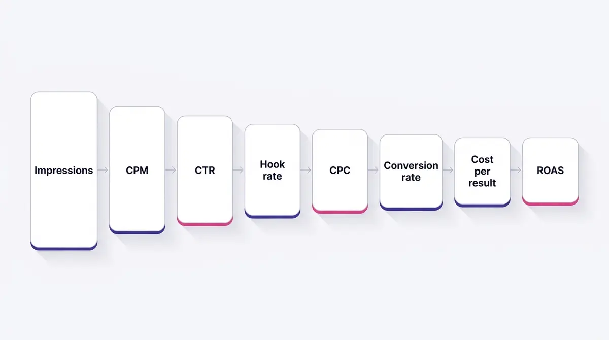 A horizontal funnel diagram tracing how impressions flow through clicks and conversions into results, with each Facebook metric labelled at the stage it measures.