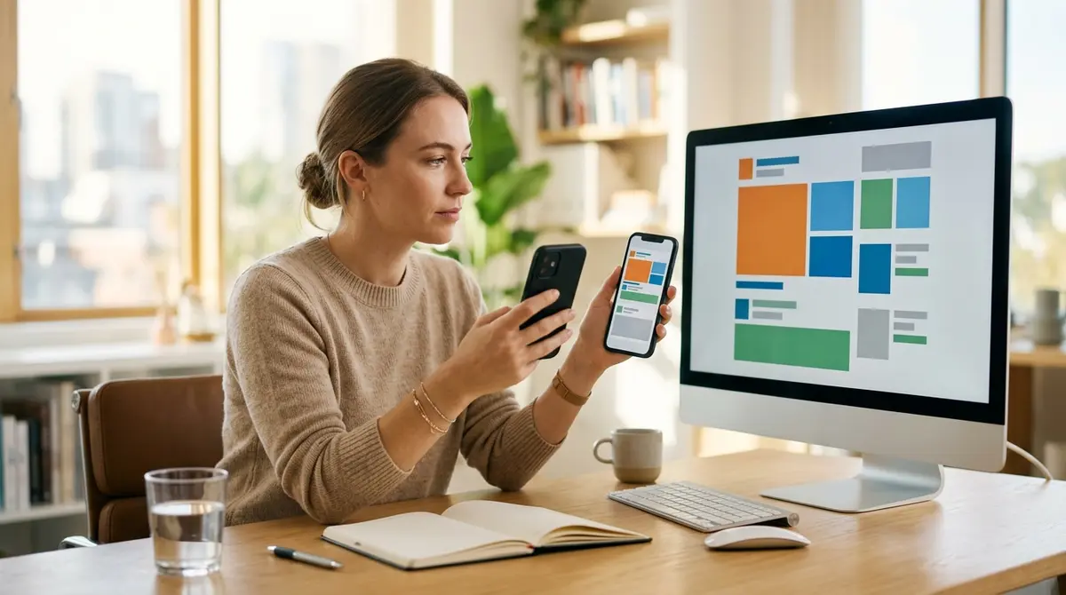 A marketer comparing how the same ad looks on a phone feed and a desktop screen side by side