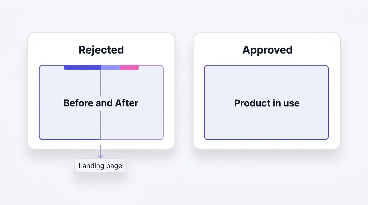 Comparison table illustration contrasting a rejected side-by-side before-and-after creative with an approved product-in-use creative, with the before-and-after proof moved to the landing page.