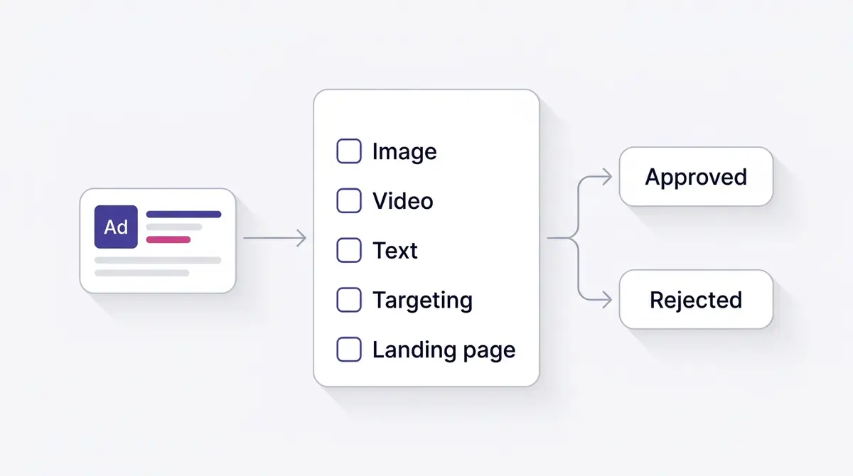 Flow diagram of a Facebook ad passing through automated review checking image, video, text, targeting and landing page, ending at an Approved or Rejected outcome.