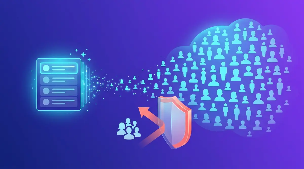 Editorial illustration of first-party data as the durable targeting lever, an abstract glowing customer-list card seeding an expanding Advantage plus audience while a separate exclusion shield blocks existing buyers