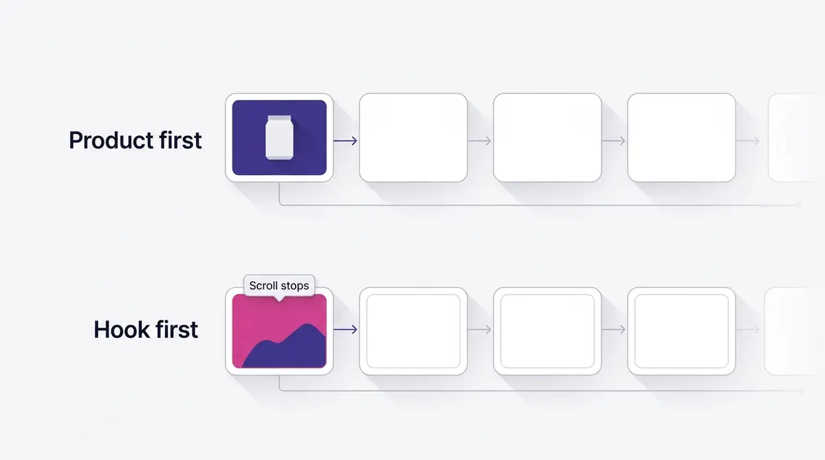 A clean light vector diagram contrasting a product-first opener against a hook-first opener over a short timeline, with the hook-first version stopping the scroll earlier and revealing the product later.